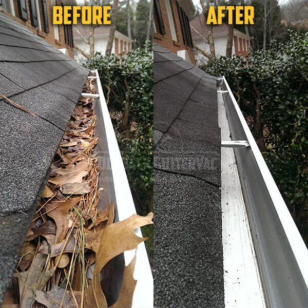 A gutter before, full of leaves, and after, clean