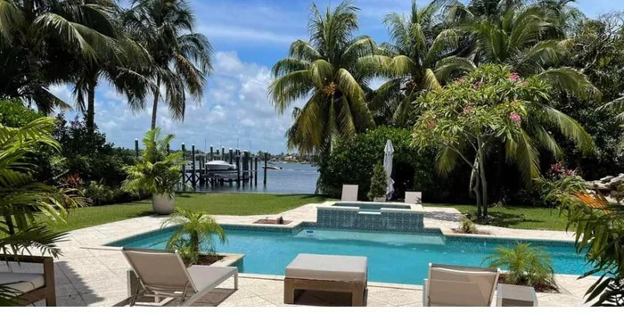 A waterfront pool deck, freshly cleaned